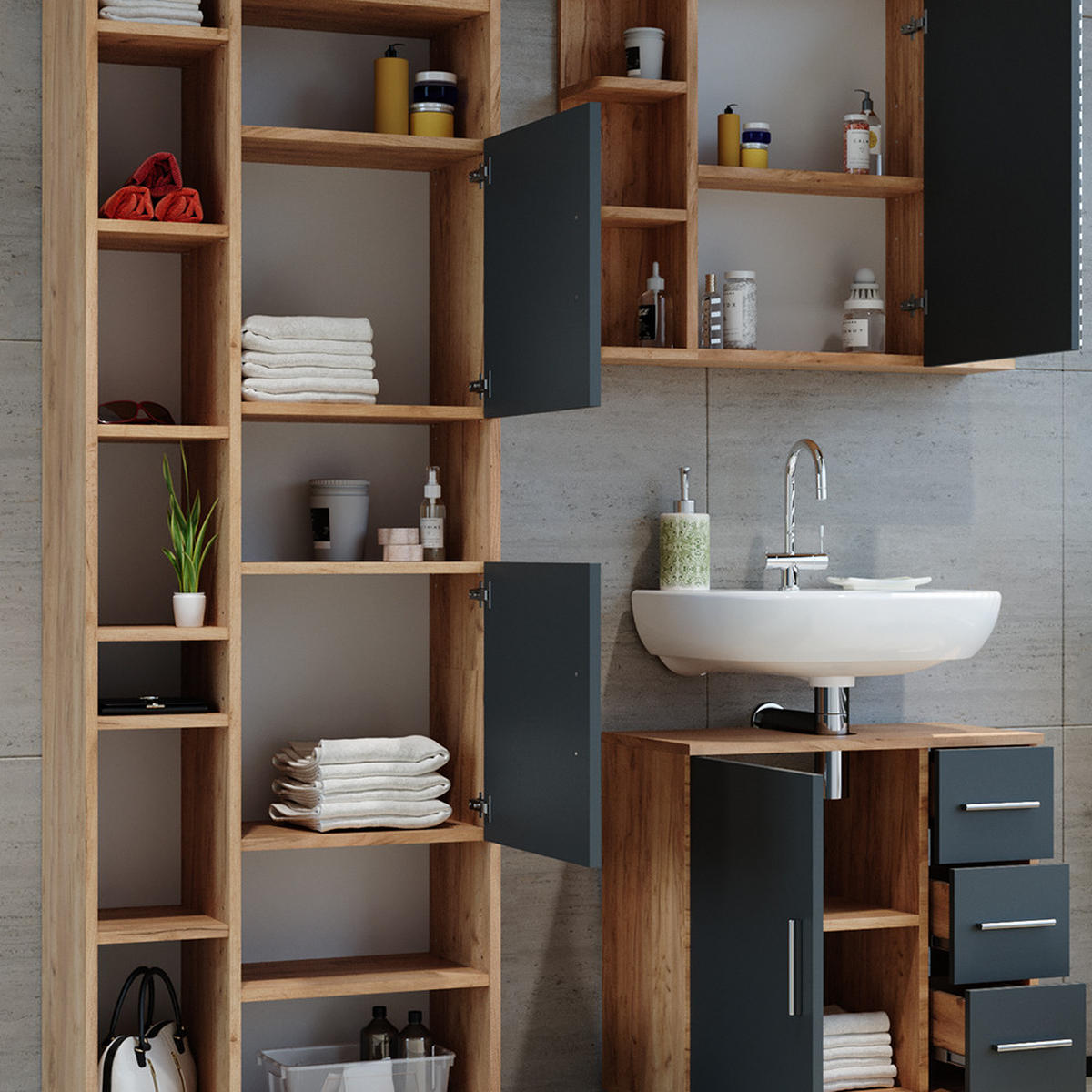 BADMÖBEL-SET Ilias Eiche 3 Teile, mit Unterschrank 60 cm - Eichefarben/Anthrazit, Holzwerkstoff (60/60.8/33cm) - Vicco