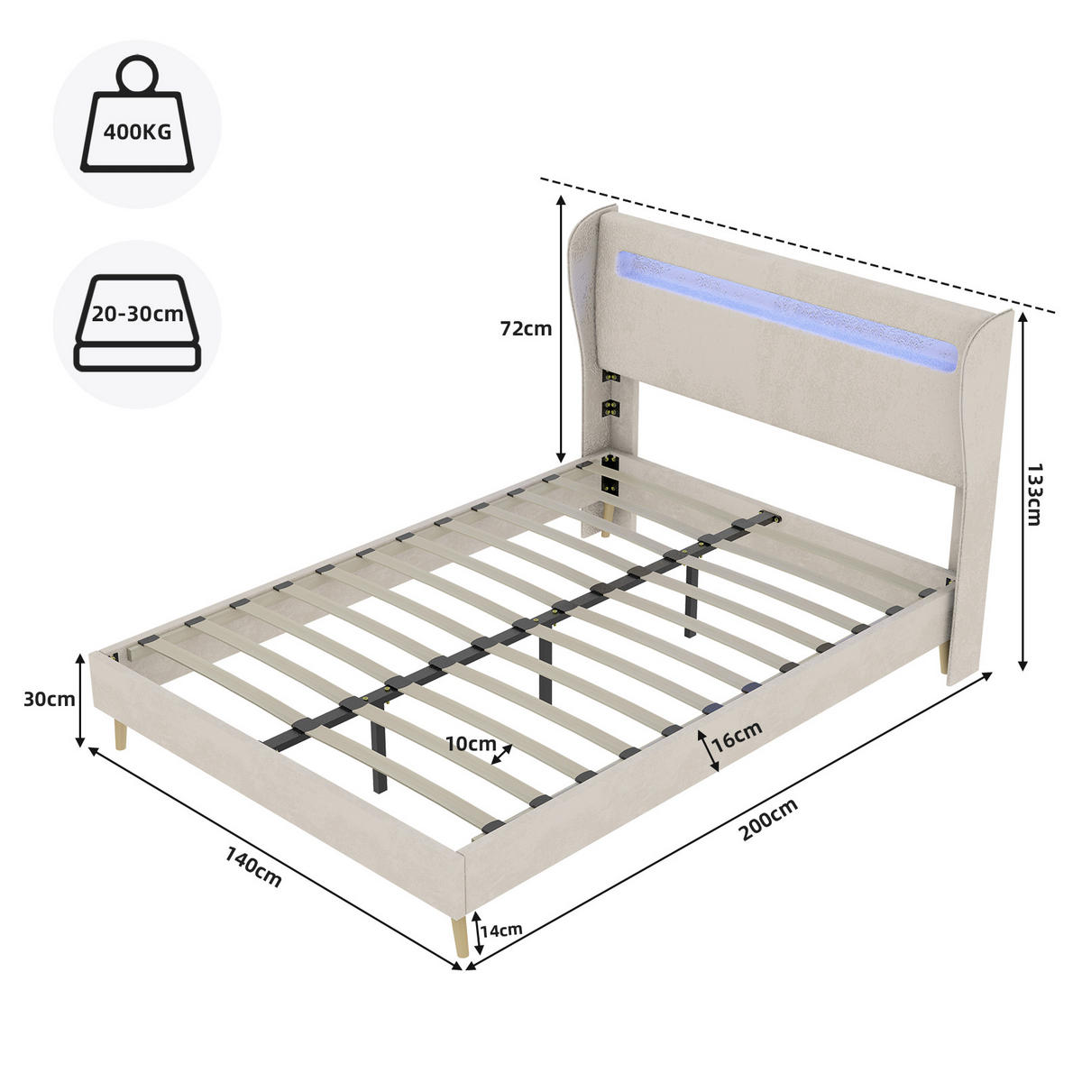 POLSTERBETT 140x200 cm LED ohne Stauraum beige - Beige, Textil (140/200cm) - LEBENLANG
