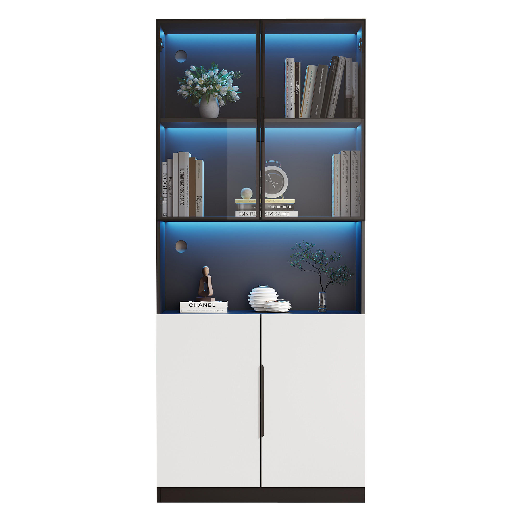 VITRINE 80/30/200 cm weiß/schwarz aus Spanplatte mit LED - Weiß, Holzwerkstoff (80/200/30cm) - OKWISH