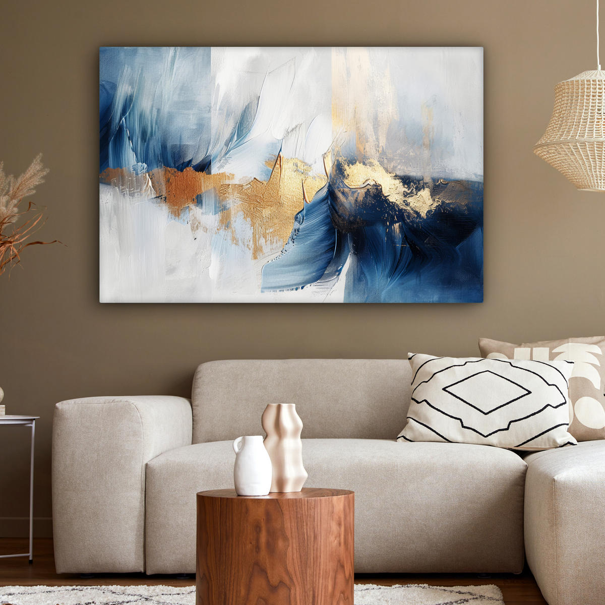 LEINWANDBILD Gold - Blau - Aquarell - Kunst - Modern Groß 140x90 cm - Hellblau, Textil (140/90cm) - MuchoWow