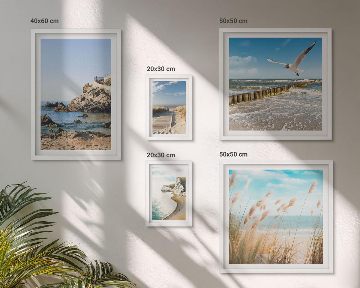 WANDBILDER 5er-Set - 50x50 cm & 20x30 cm & 40x60 cm Weißer Rahmen - Tropische türkisfarbene Inseln - Weiß, Kunststoff (40/60cm) - ArtPrintCave