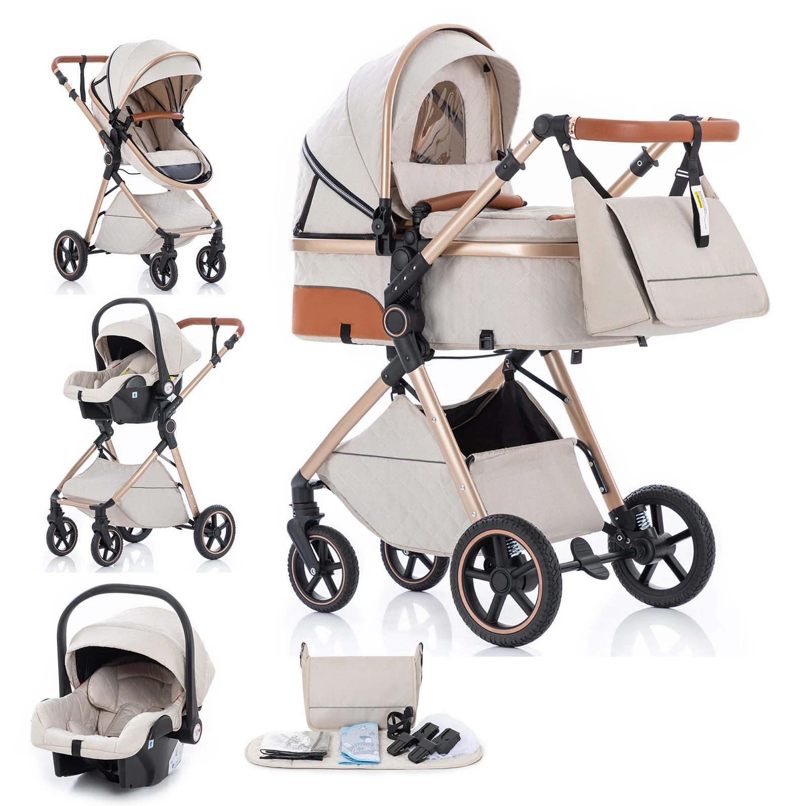KINDERWAGENSET 3-in-1, tragbarer, klappbar, V8-Rastermuster WEISS - Weiß, Metall (80/60cm) - Kaket
