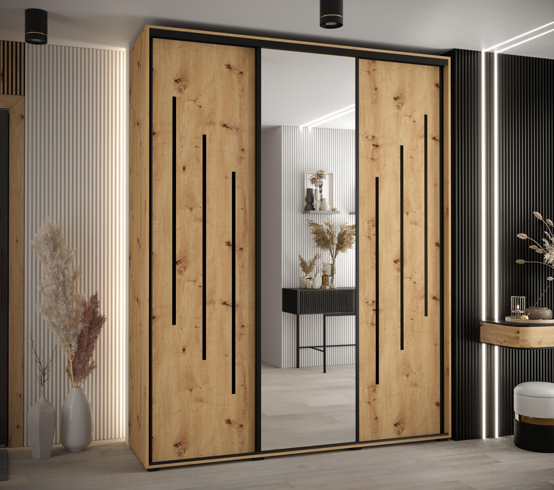 SCHWEBETÜRENSCHRANK 235,2/200/45 3-türig - Schwarz/Eiche Artisan, Holz/Metall (200/235/45cm) - Abiks Möbel