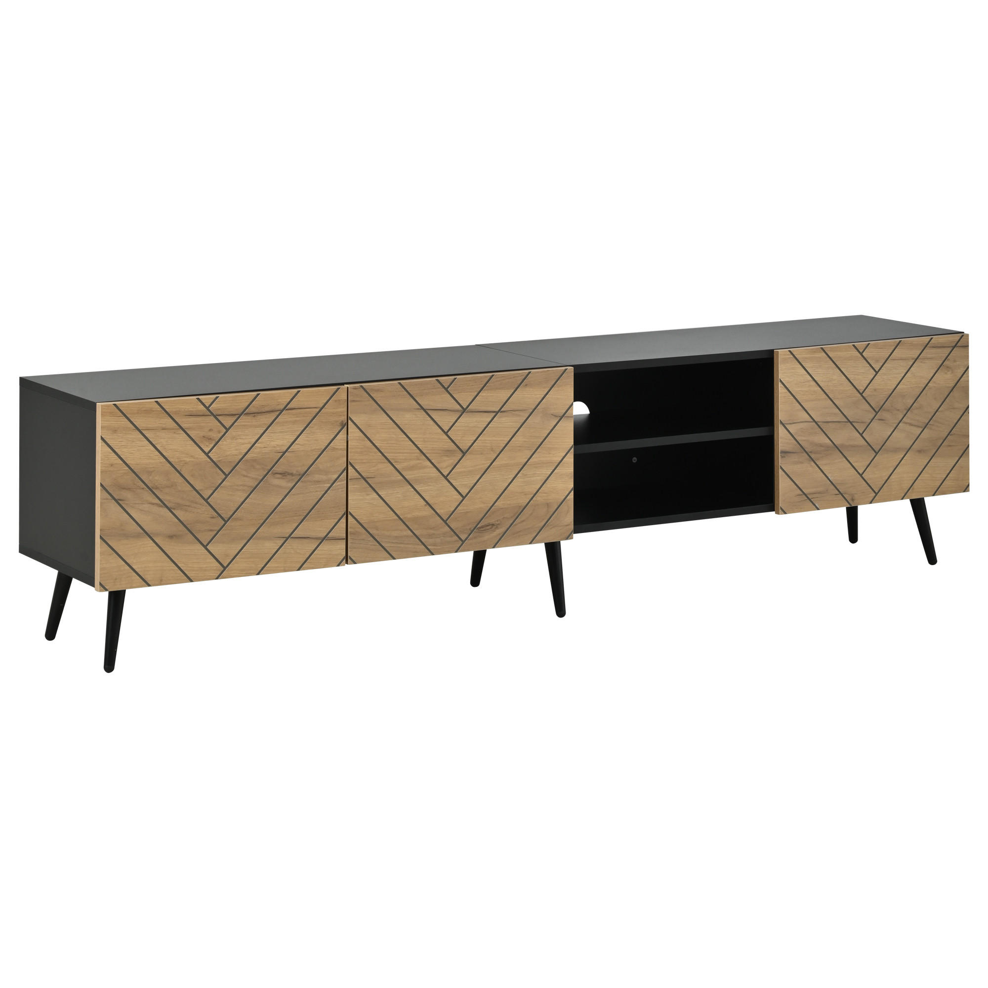 TV-LOWBOARD 180cm Schwarz & Holzoptik für 75 Zoll TV, 3 Türen & Kabelmanagement - Naturfarben, Holzwerkstoff (180/45/33.5cm) - Urban Meuble