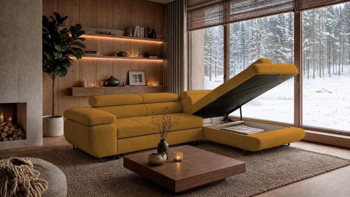 ECKSOFA Velmo mit Bettkasten und Schlaffunktion, verstellbaren Kopfstützen, in L-Form - Goldfarben, Textil (275/203cm)