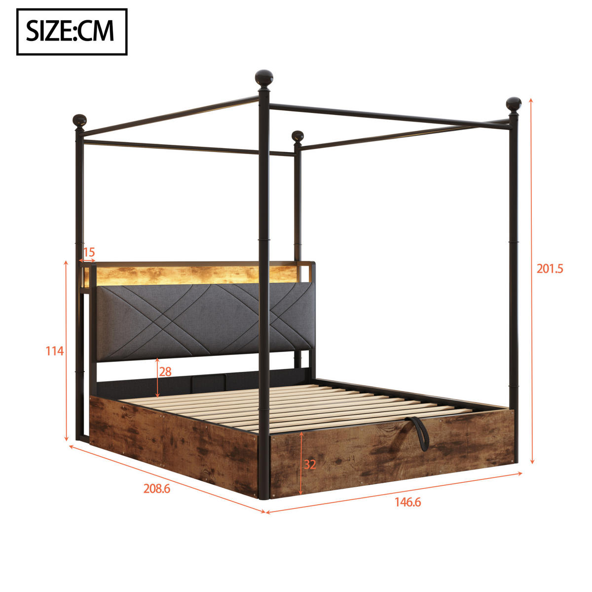 METALLBETT 140/190 cm in Schwarz mit Stauraum, LED-Beleuchtung und USB-/Type-C - Schwarz, Metall (140/190cm) - Flora Grace