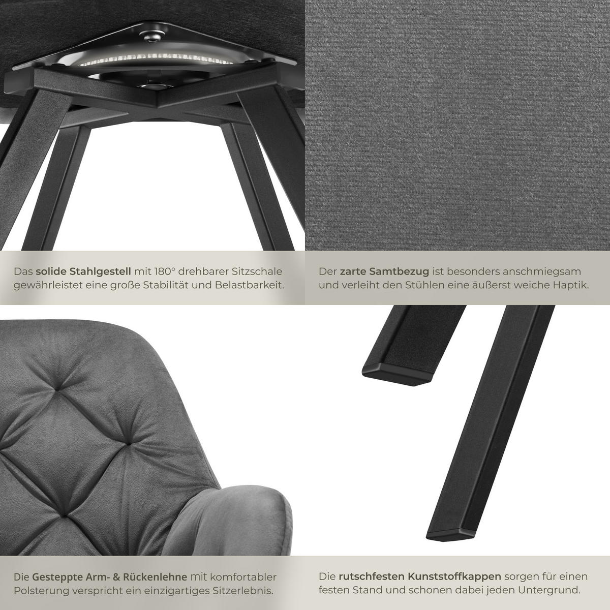 ARMLEHNSTUHL Samt Drehbarer 2er Set Lucia 58 x 58 x 87 cm anthrazit - Anthrazit, Kunststoff (58/87/58cm) - tectake