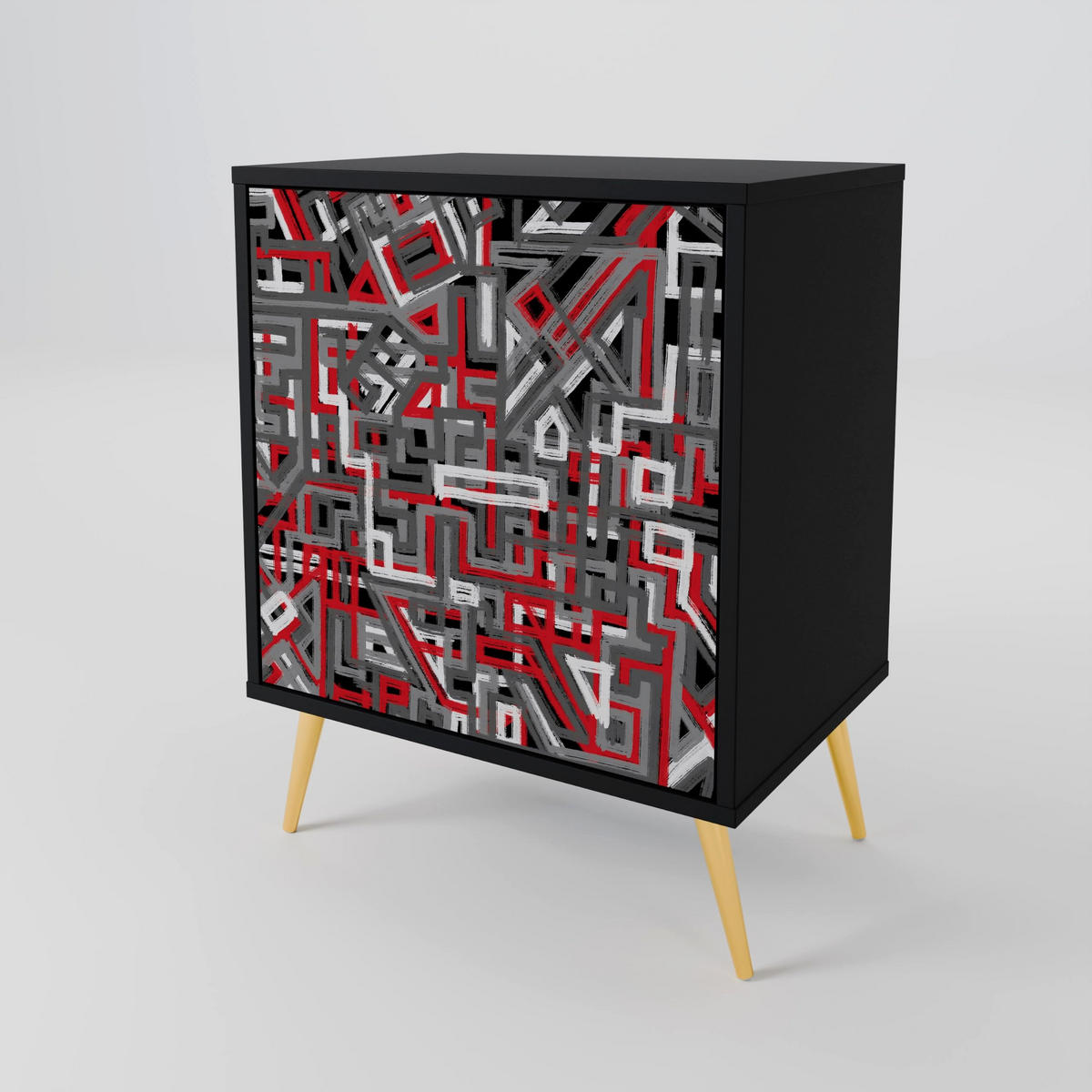 SIDEBOARD BROKEN LINES, Schwarz, 57,5x42x72,5 cm, Schwarze Metallfüße - Multicolor/Schwarz, Holzwerkstoff/Metall (57.5/72.5/42cm) - SpaceRebels