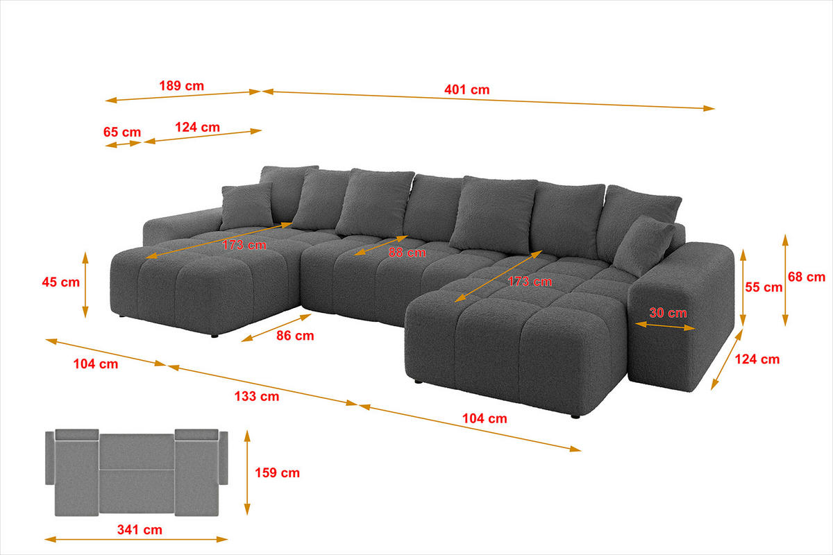 WOHNLANDSCHAFT ENIL-U 401x189x68 Grau Bouclé - Grau, Holzwerkstoff/Kunststoff (401/68/189cm) - ALTDECOR