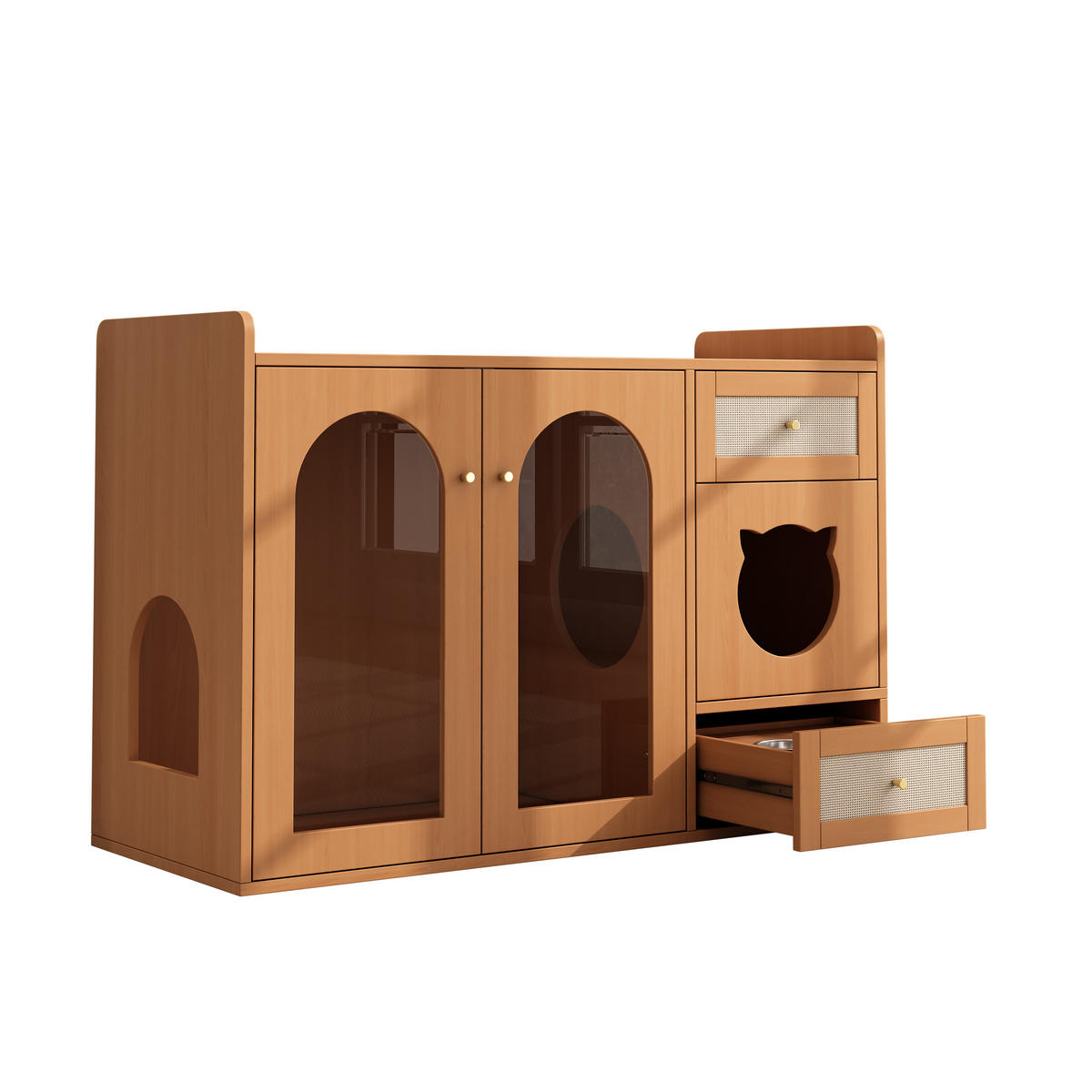 SIDEBOARD 120/45/76 cm, 5-in-1 Katzenmöbel mit verstecktem Katzenklo, Futternapf-Schublade und Nussbaumoptik, Walnuss - Walnussfarben, Holzwerkstoff (120/83/45cm) - Redom