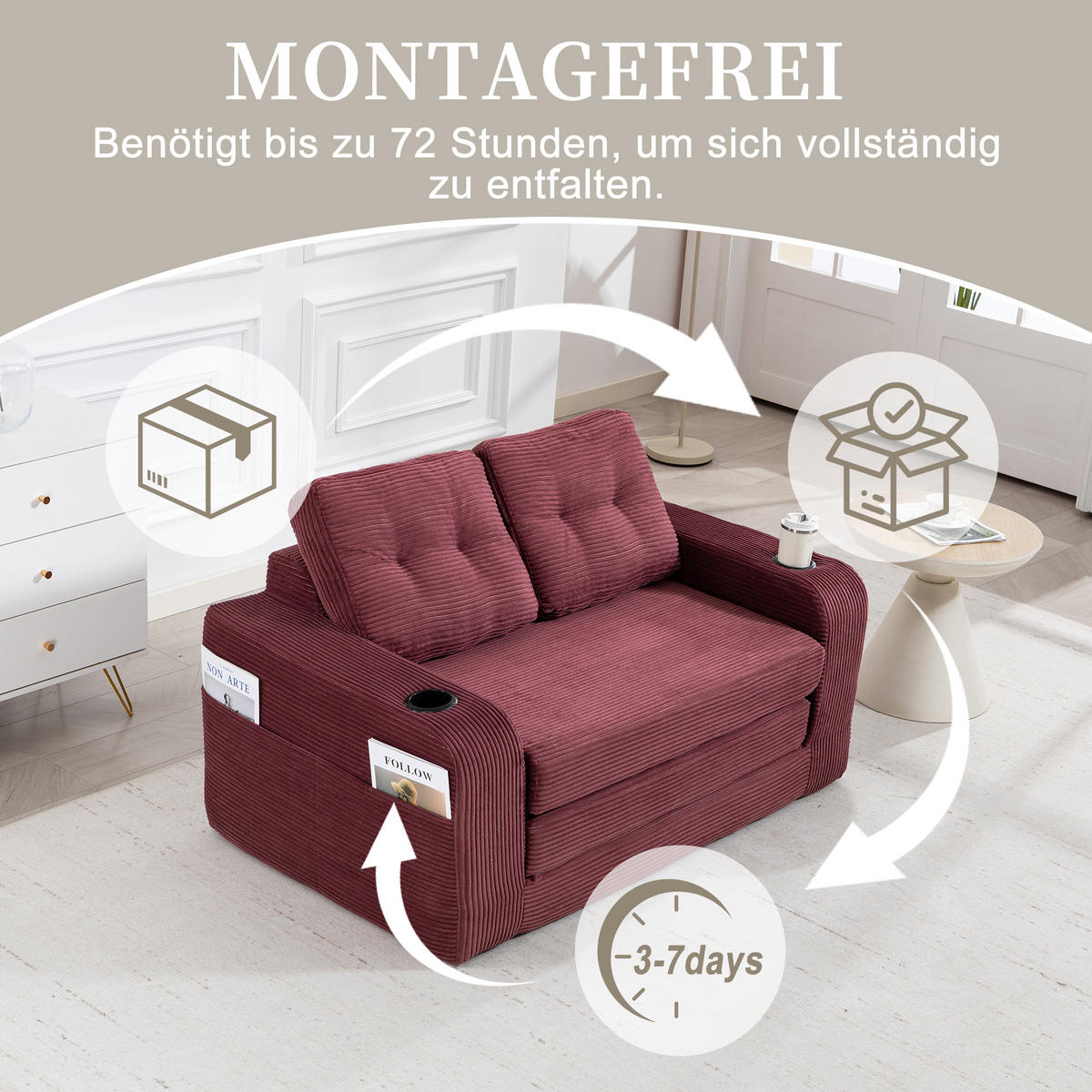SCHLAFSOFA in Rotwein Cord mit Getränkehalter und Seitentaschen - Weinrot, Textil (136/82.5/80cm) - Oxeza