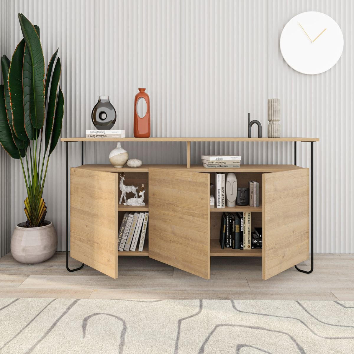 BUFFET 3 Türen und Metallfüße Dilly - L130 cm - Apfelbaumfarben, Holzwerkstoff (40/80/130cm) - Calicosy
