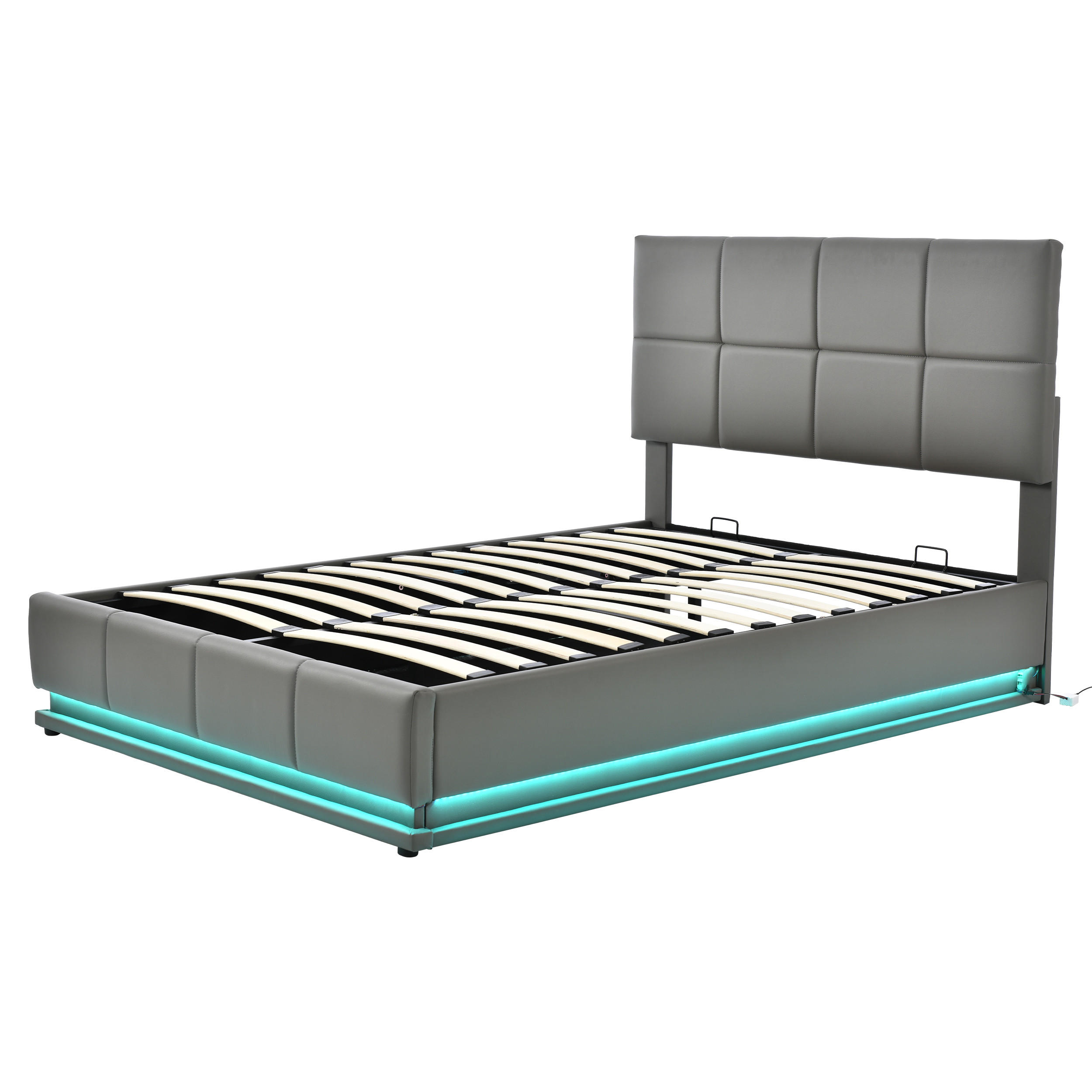 POLSTERBETT 140/200 cm grau mit LED-Beleuchtung und hydraulischem Bettkasten - Grau, Textil (140/200cm) - OKWISH