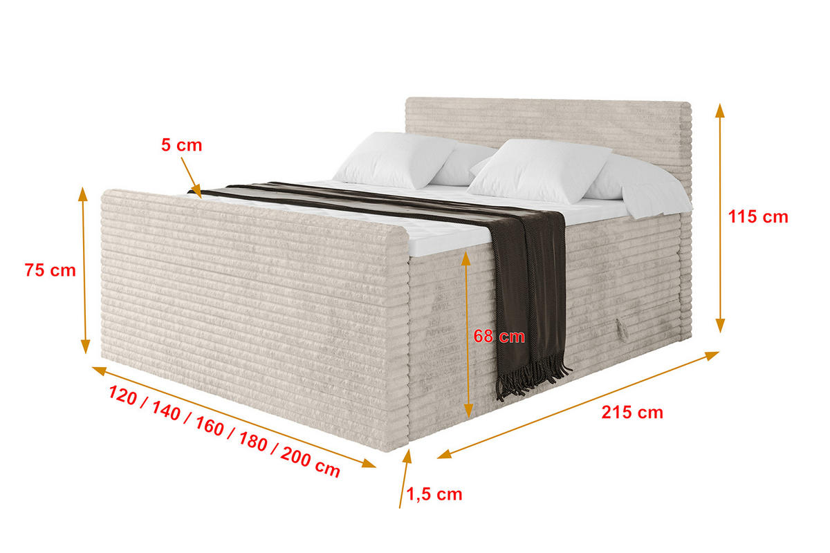 BOXSPRINGBETT mit Matratze H3|H4 und Lattenrost - TOLO-Z KING-v1 120x200 Cord - Creme - Creme, Holzwerkstoff (120/200cm)