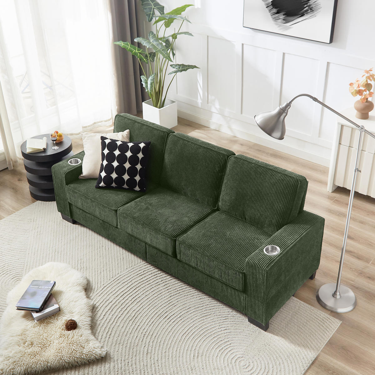 3-SITZER-SOFA DE-35029 mit Getränkehaltern Olivgrün - Grün, Textil (72/86/206cm) - ComfortXL