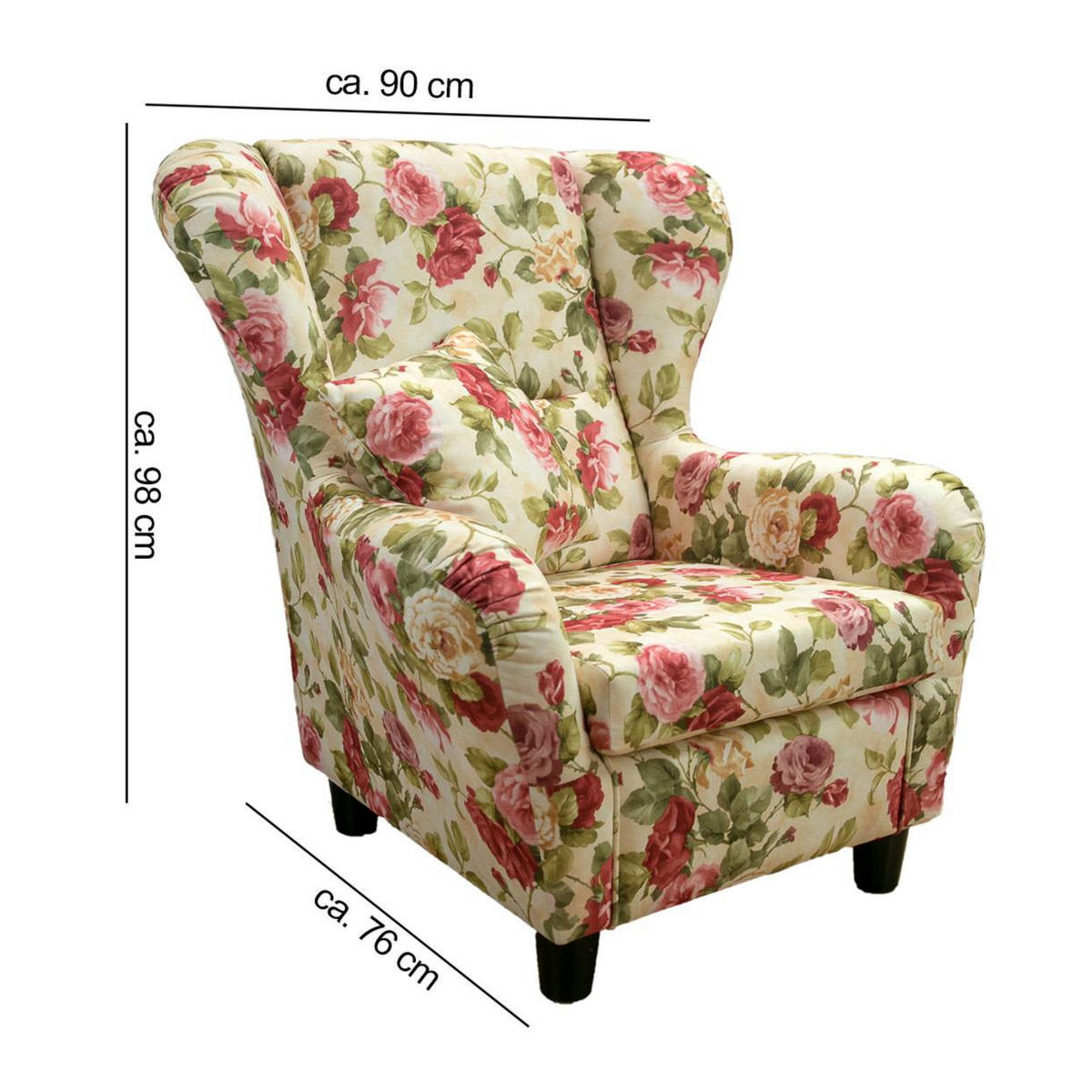 OHRENSESSEL mit HOCKER, hoher Sitzkomfort durch Wellenunterfederung B90/H98/T76 cm, Webstoff Blumenmuster bunt / 18004 - Beige/Multicolor, Holz/Textil (90/98/76cm) - luma-home