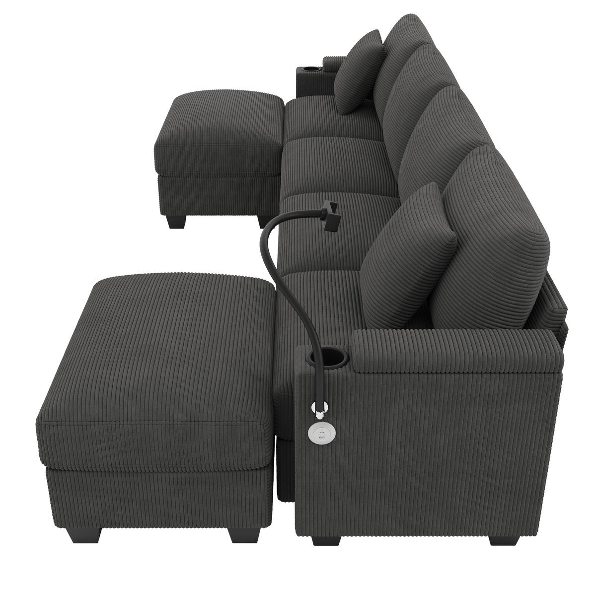 WOHNLANDSCHAFT 275.5/139/87 cm Grau mit Schlaffunktion, Handyhalter und USB-Ladeanschluss - Grau, Textil (275.5/87/139cm) - Oxeza
