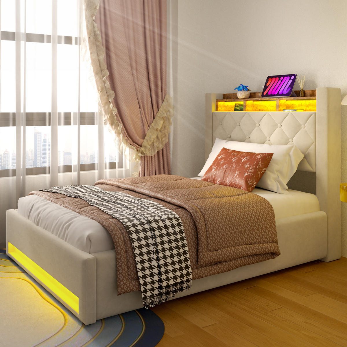 POLSTERBETT aus Samt 90x200 cm Beige mit Stauraum-Kopfteil und LED-Lichtleiste - Beige, Textil (90/200cm) - Modfu