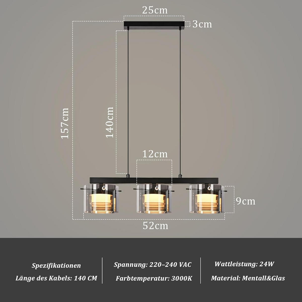LED PENDELLEUCHTE 12/157/52cm - Schwarz, Metall (157/12/52cm) - Nettlife