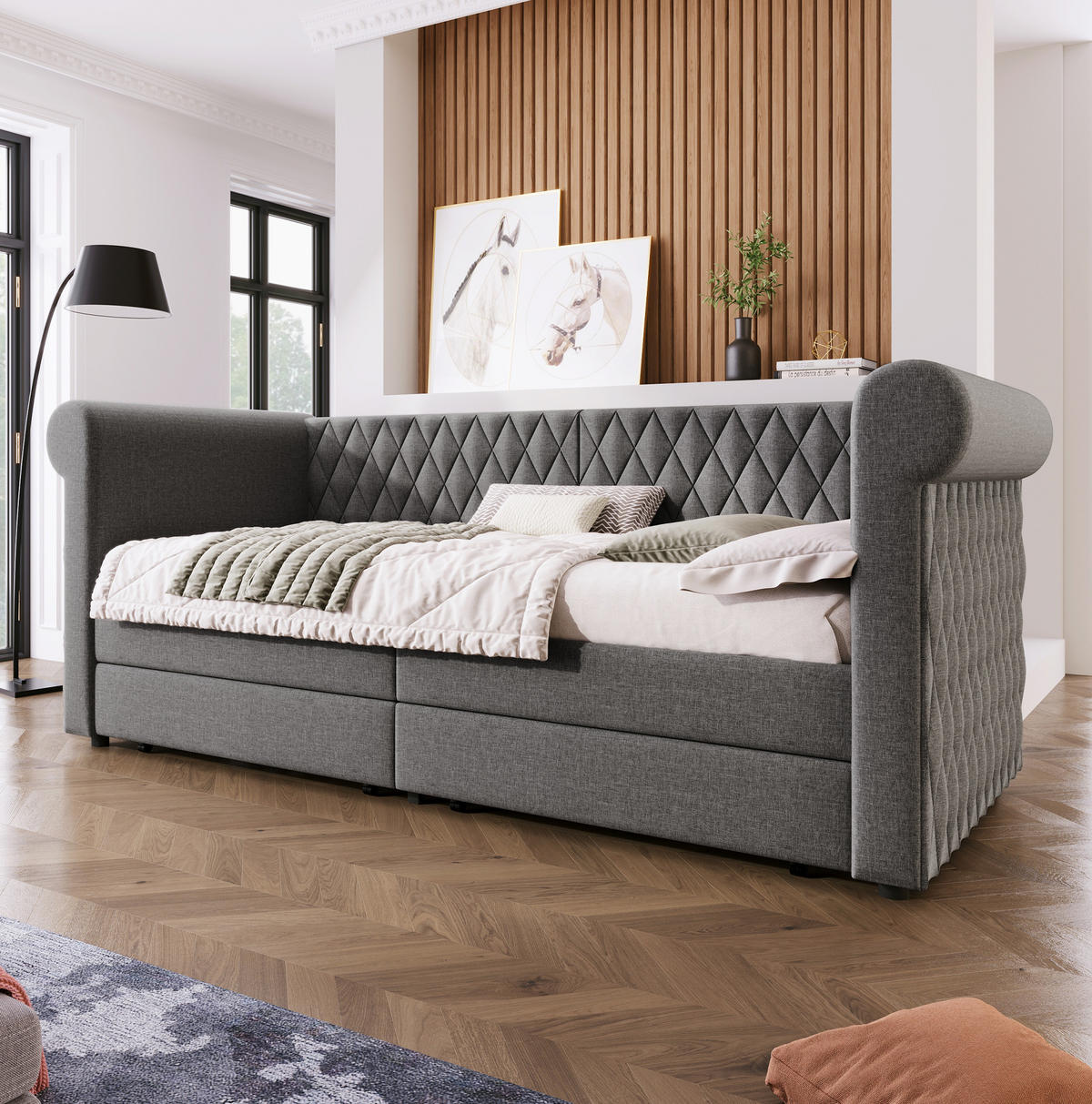 POLSTERBETT aus Leinen 90x200 cm in Grau mit 2 Schubladen - Grau, Textil (90/200cm) - Modfu
