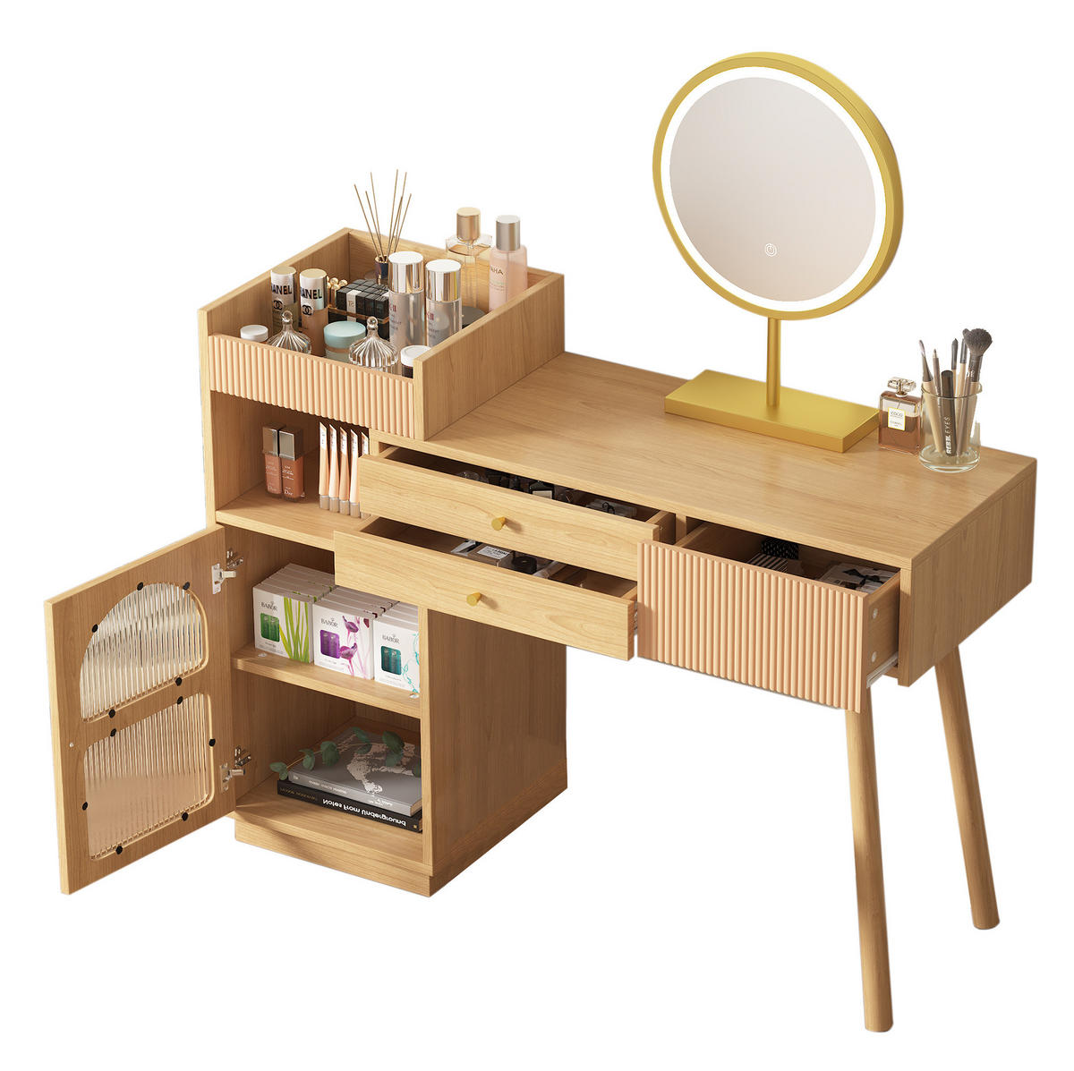 SCHMINKTISCH-SET 120/90/40 cm Natur mit LED-Spiegel 3-farbige Beleuchtung - Naturfarben, Holzwerkstoff (120/40/90cm) - OKWISH