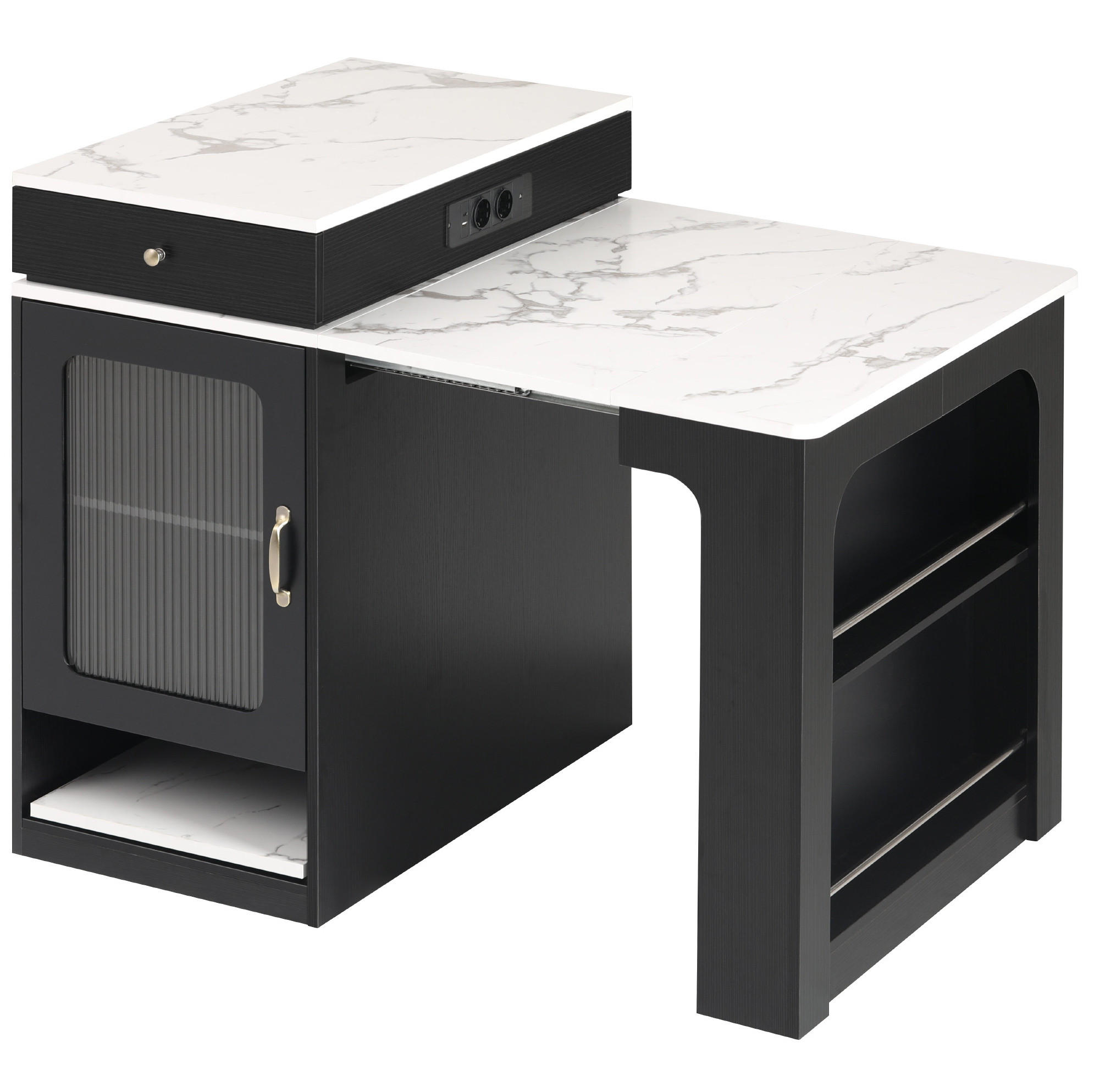 Modfu KUCHYŇSKÝ ostrov z MDF a skla 151x80x92 cm bílá/černá s výsuvnou deskou, úložným prostorem a zásuvkami