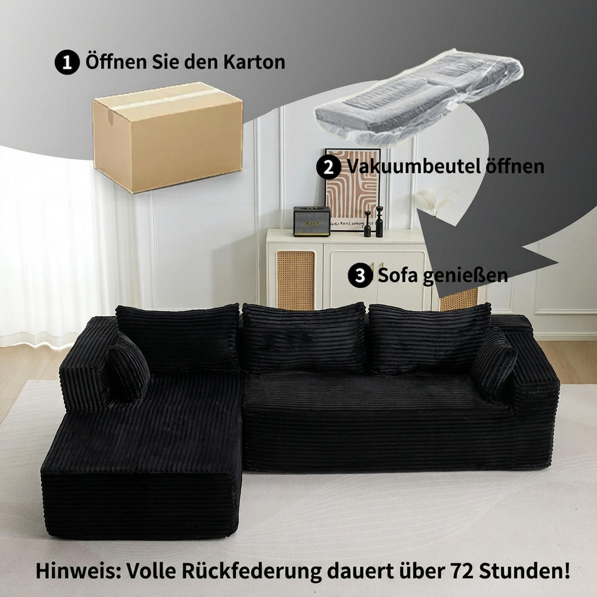 ECKSOFA 279/179/83 cm Schwarz Cord mit Chaiselongue - Schwarz, Textil (179/83/279cm) - Oxeza