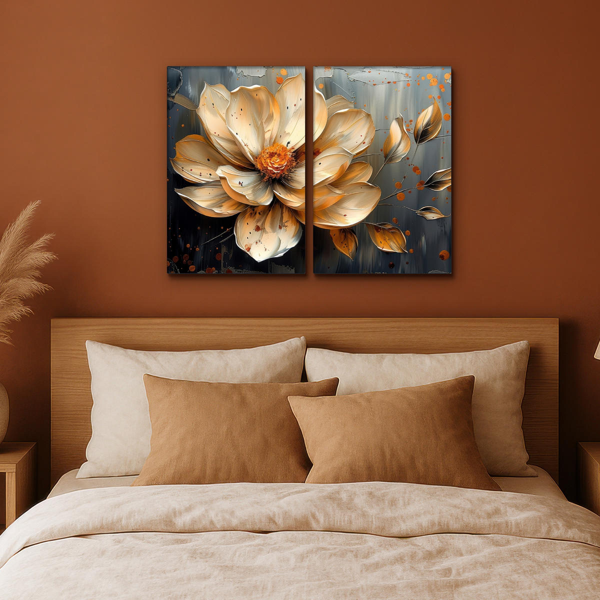 LEINWANDBILD 2er Set Blume - Gold - Abstrakt - Farbe 80x60 cm - Creme, Textil (80/60cm) - MuchoWow