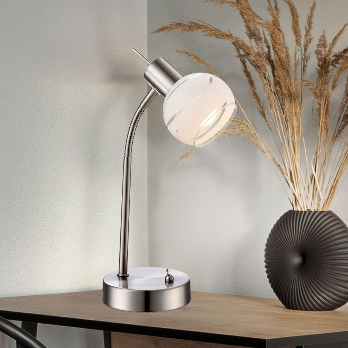 LED TISCHLEUCHTE Metall Silber gemusterter Glaslampenschirm - Silberfarben, Glas (22/22/34cm) - Globo Lighting