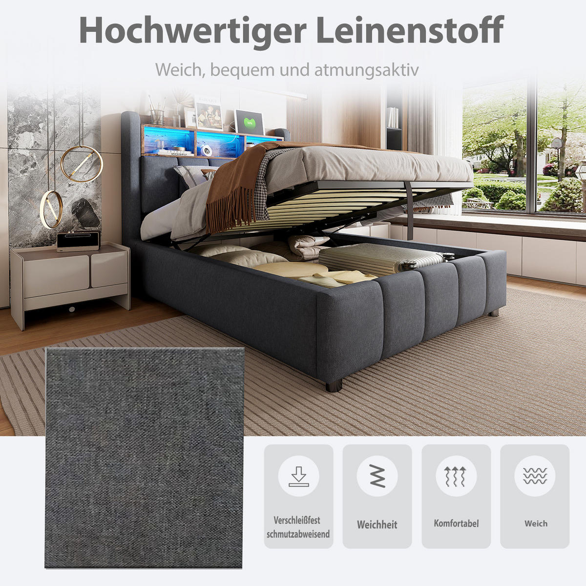 POLSTERBETT 90/200 cm Grau aus Leinenstoff mit LED und Stauraum - Grau, Textil (90/200cm) - OKMYHOME