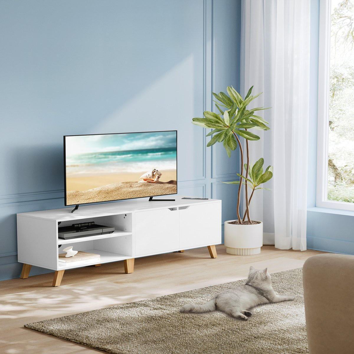 TV-MÖBEL 2 Fächer und 2 Türen weiß - L140 cm - Weiß, Holz (140/40/45cm) - Calicosy