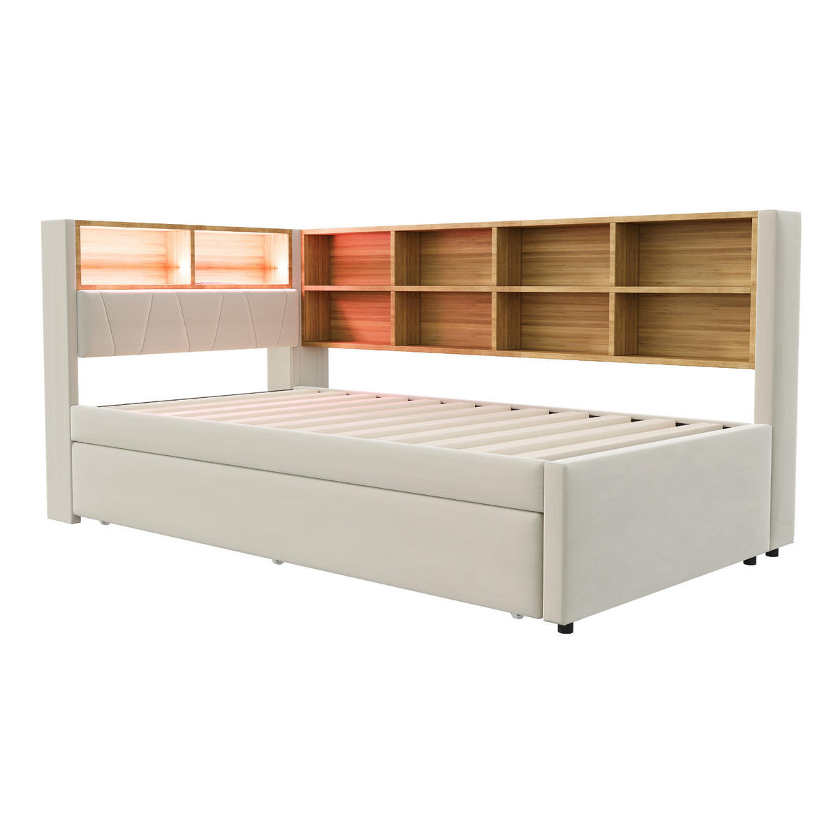 BETT aus Flanell 90x200 cm Beige mit Ausziehbett, LED-Beleuchtung, USB- und Typ-C-Anschluss, Stauraum - Beige, Textil (90/200cm) - Modfu