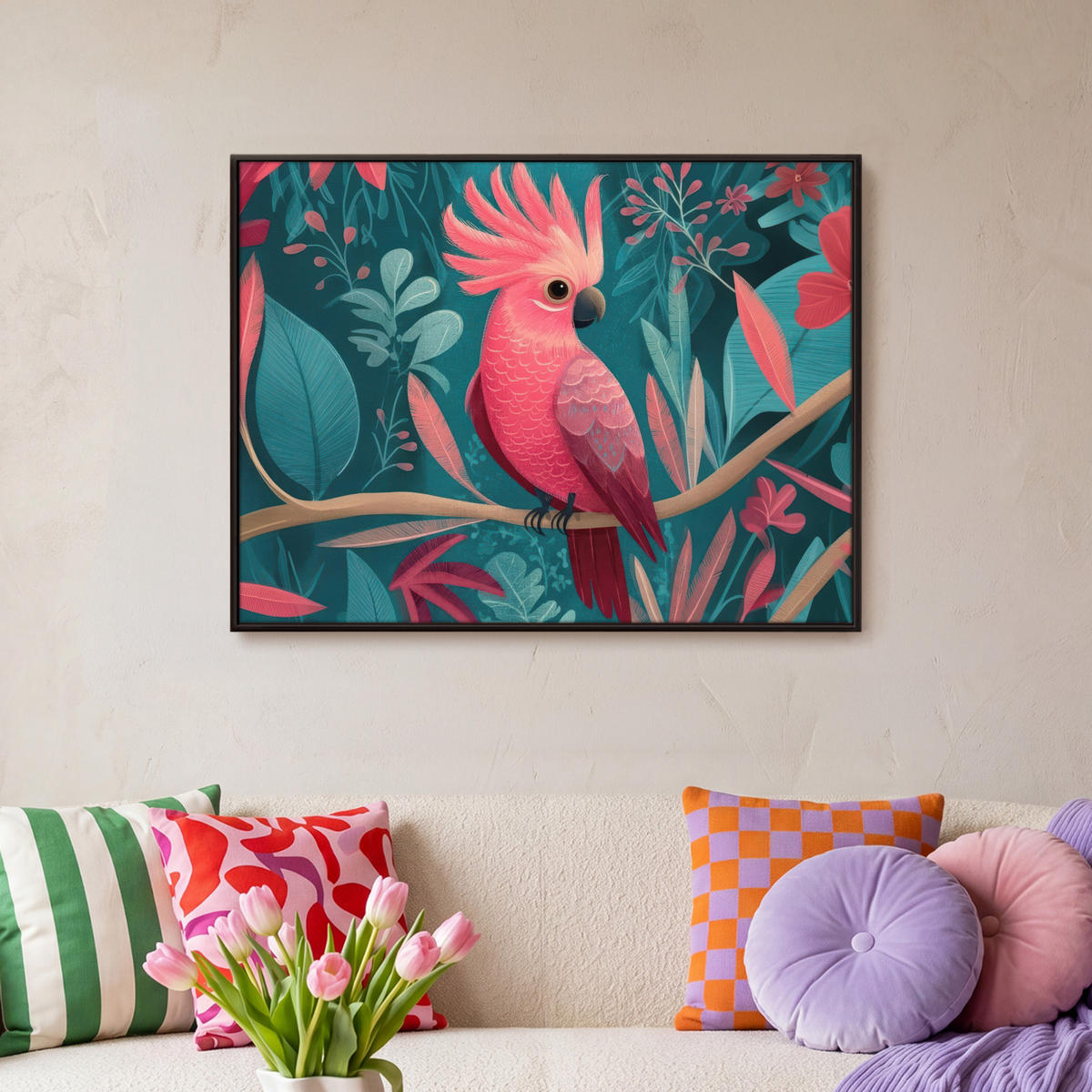 LEINWAND Bilder mit Rahmen - Kakadu - Tropische Blätter - Zweig - 70x50 - Petrol, Textil (70/50cm) - MuchoWow