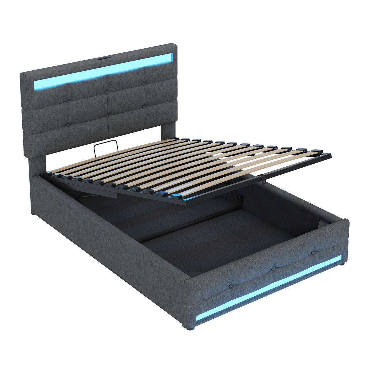 POLSTERBETT aus Stoff 90x200 cm in Grau mit LED & USB-Anschlüssen - Grau, Textil (90/200cm) - Modfu