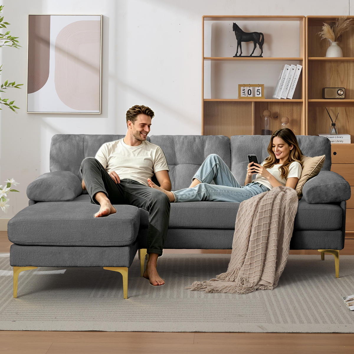 L-FÖRMIGES ECKSOFA Grau 187,5/130/79 cm 3-Sitzer mit Chenillebezug - Grau, Holz (187.5/130cm) - PANGIVO