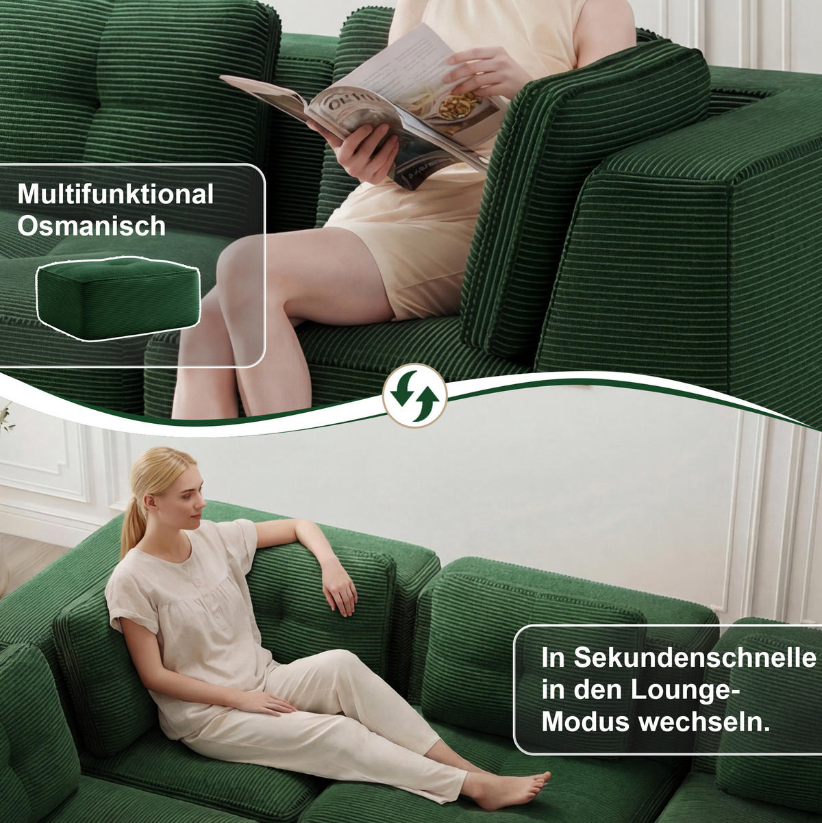 ECKSOFA 386/104/69 cm grün aus Cord mit modularem Design und rutschfestem Standfuß - Grün, Textil (104/386cm) - OKWISH