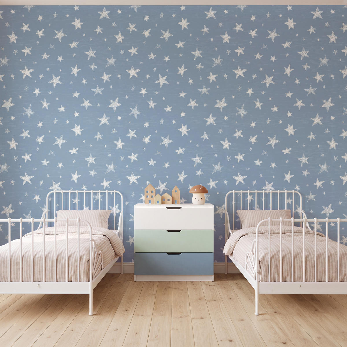 KINDERTAPETE - Sterne - Muster - Blau - 400x300 cm - Hellblau, Papier (400/300cm) - OnlyWow