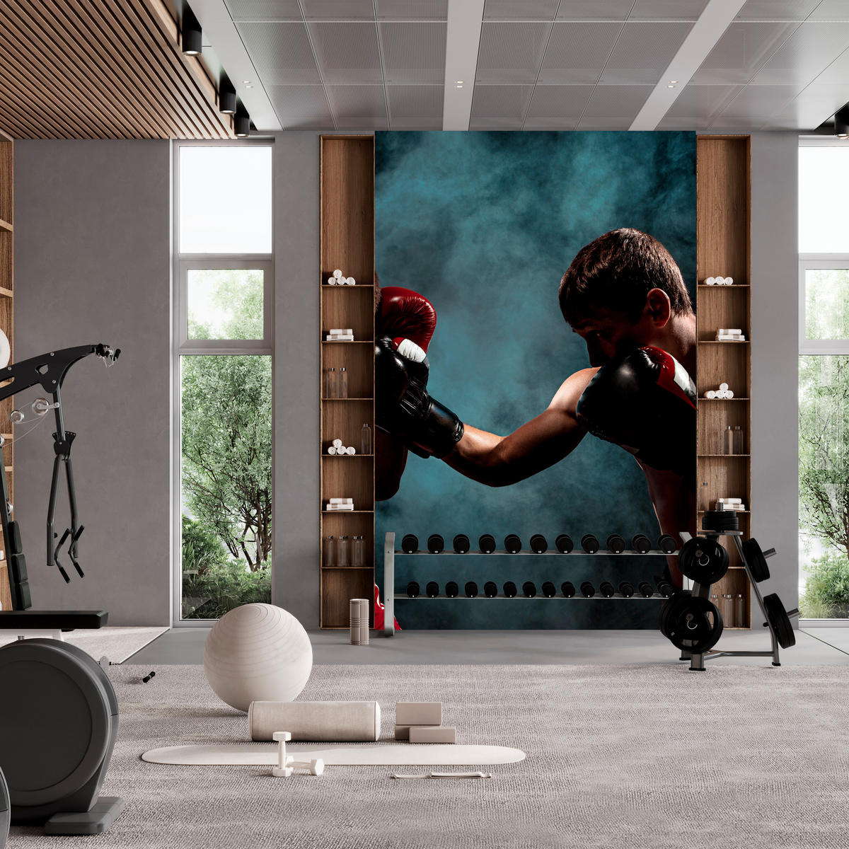 FOTOTAPETE für Jugendzimmer Boxer Männer Training Kampf Rauch 450x315 - Beige/Rot, Papier (450/315cm) - Muralo