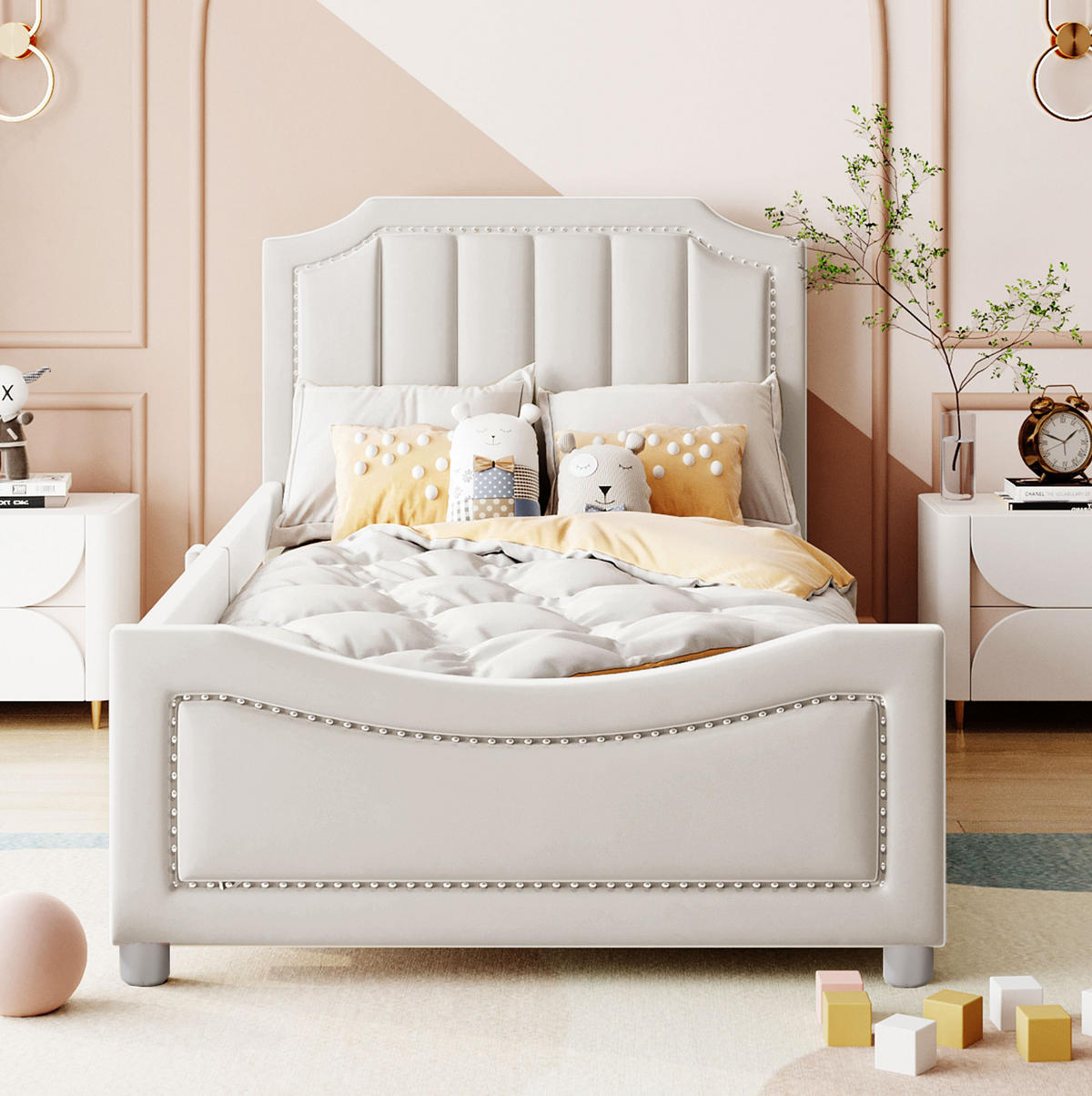 KINDERBETT 90/200 cm aus Massivholz mit Flanellbezug und Rückenlehne Beige - Beige, Holz (90/200cm) - Modenvie