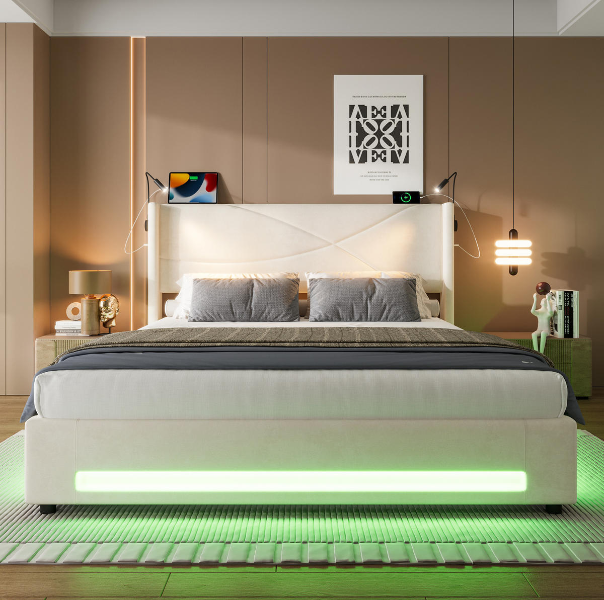 POLSTERBETT 140/200 cm mit LED-Beleuchtung, 2 Leselampen, USB-Anschlüssen und hydraulischem Stauraum, Beige - Beige, Textil (140/200cm) - Redom