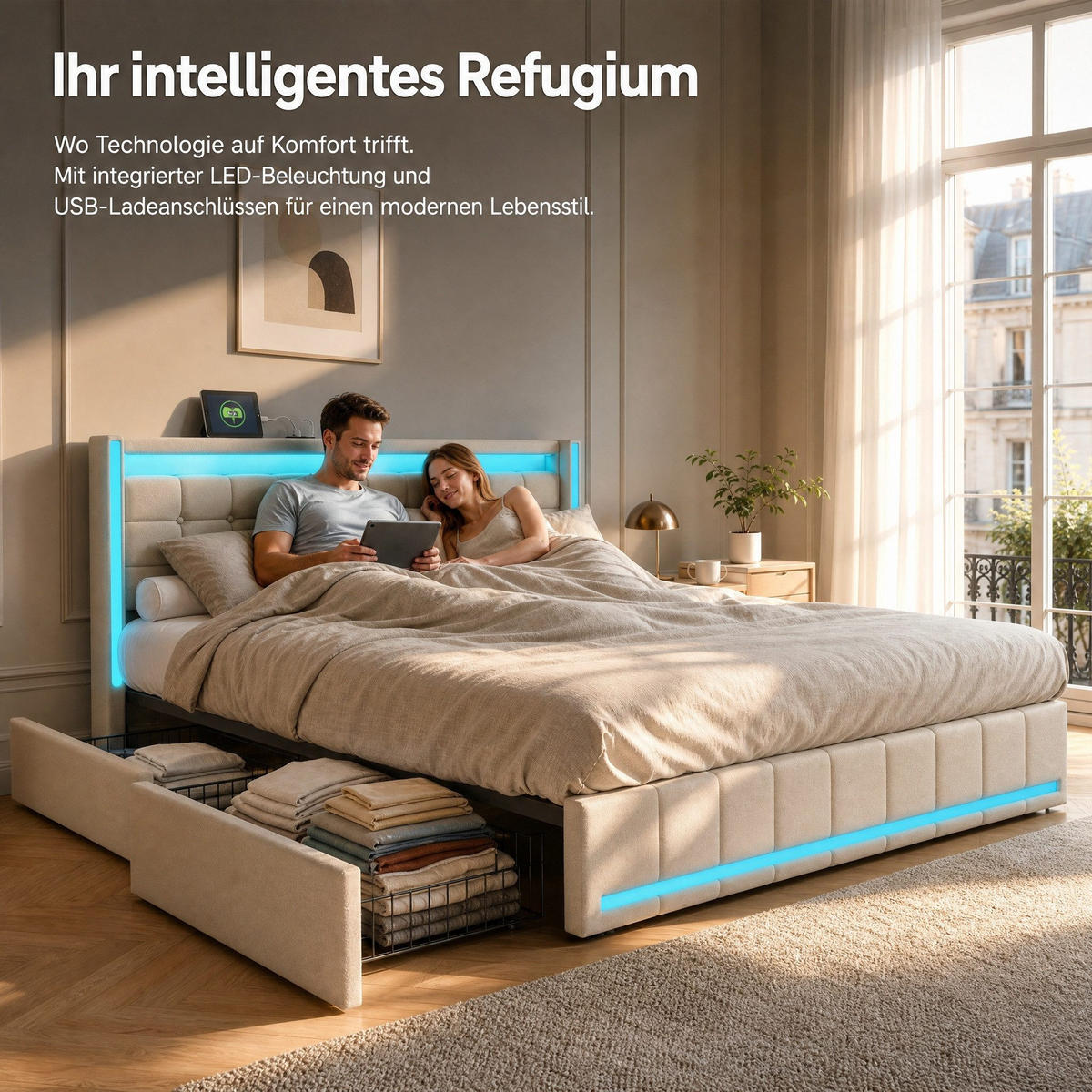 ČALÚNENÁ posteľ 160x200 cm, ľanová, LED, USB Type-C, 4 zásuvky - béžová, kov (160/200cm) - SHOPENTRA