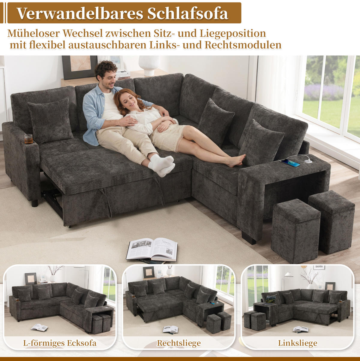 ECKSOFA 220/205/86,5 cm grau Chenille mit Schlaffunktion und Stauraum - Grau, Textil (205/220cm) - OKWISH