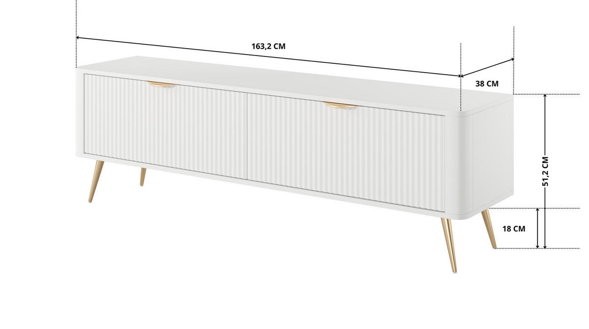 TV-LOWBOARD Flore 163 cm Weiß / Gold - mit geriffelten Fronten - 2 Türen - Gelb/Goldfarben, Holz/Holzwerkstoff (163/51/38cm) - Ravio
