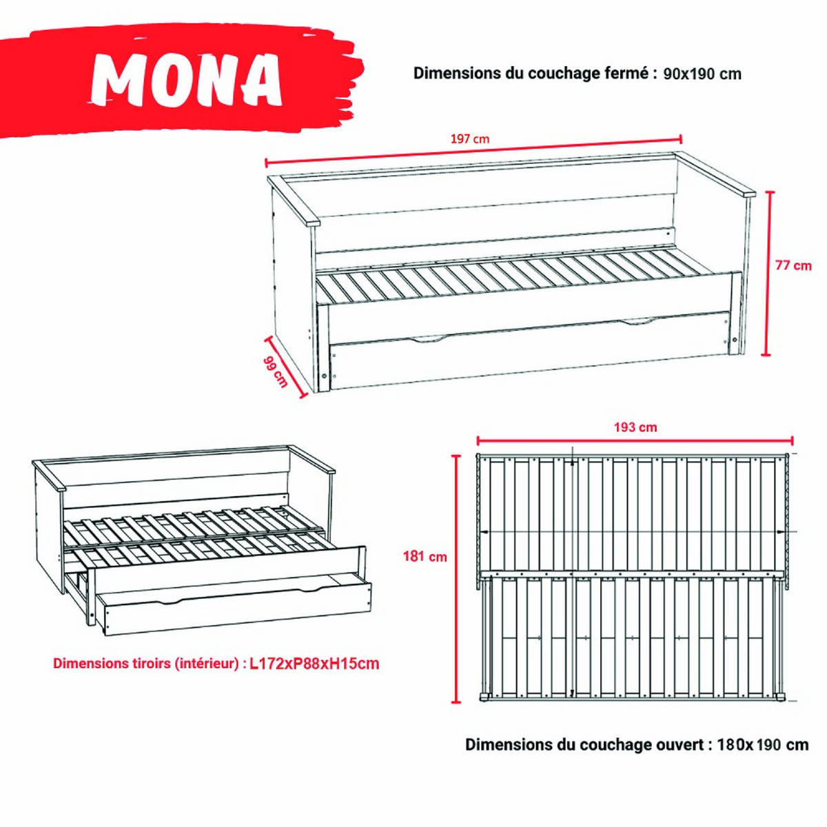 AUSZIEHBETT MONA mit Schublade / Bett 2x90x190 Weiß - Weiß, Holzwerkstoff (180/190cm) - Weber Industries