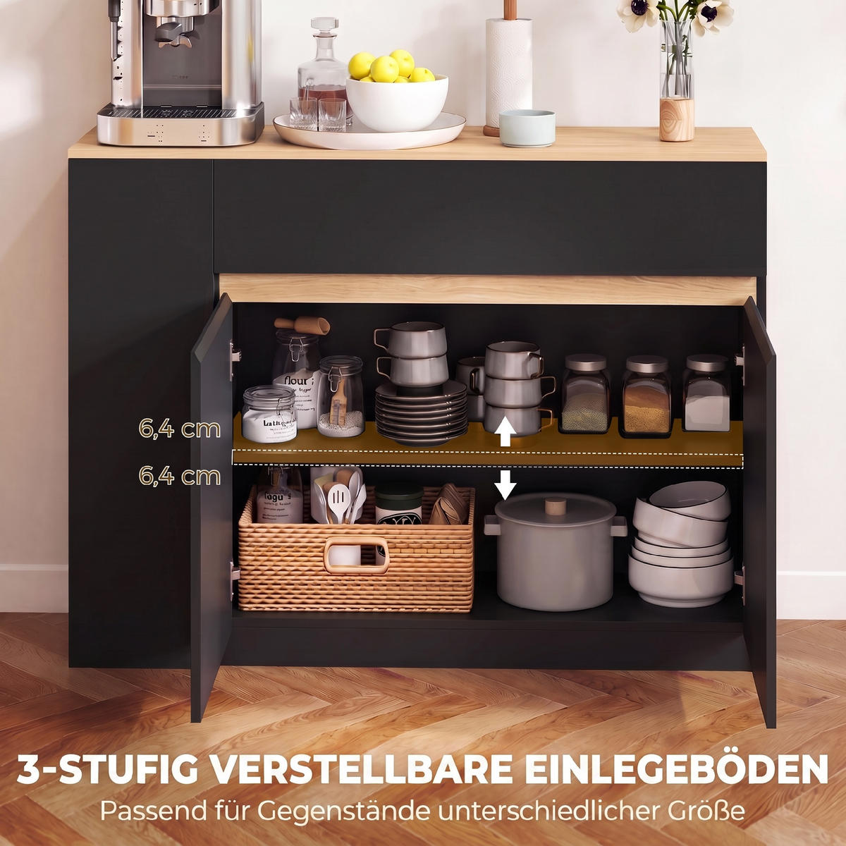 SIDEBOARD Küchenschrank mit Schublade, verstellbare Ablage, Aufbewahrungsschrank - Schwarz, Holzwerkstoff/Metall (29.5/82/110cm) - HOMCOM
