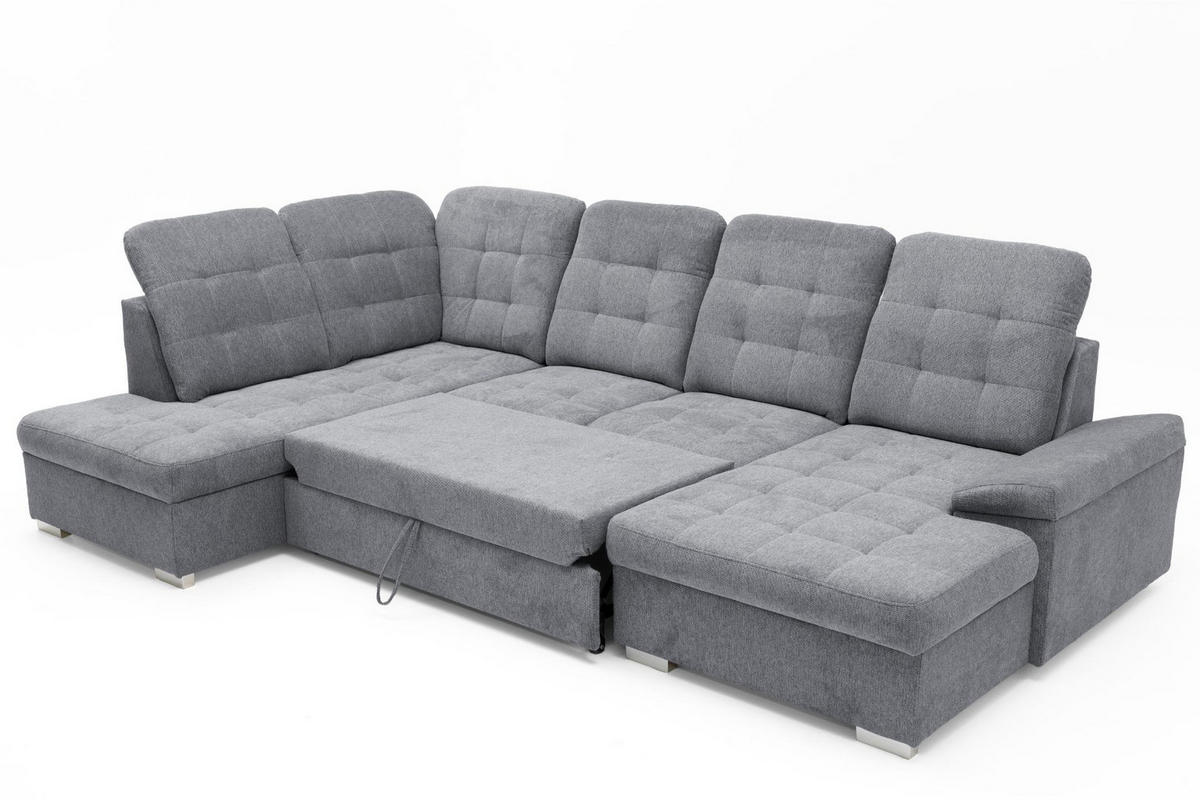 ECKSOFA U-Form OLIVIA U Links mit Schlaffunktion 124x257 Velours Grau - Silberfarben/Grau, Holz/Kunststoff (320/103/202cm) - Muffo