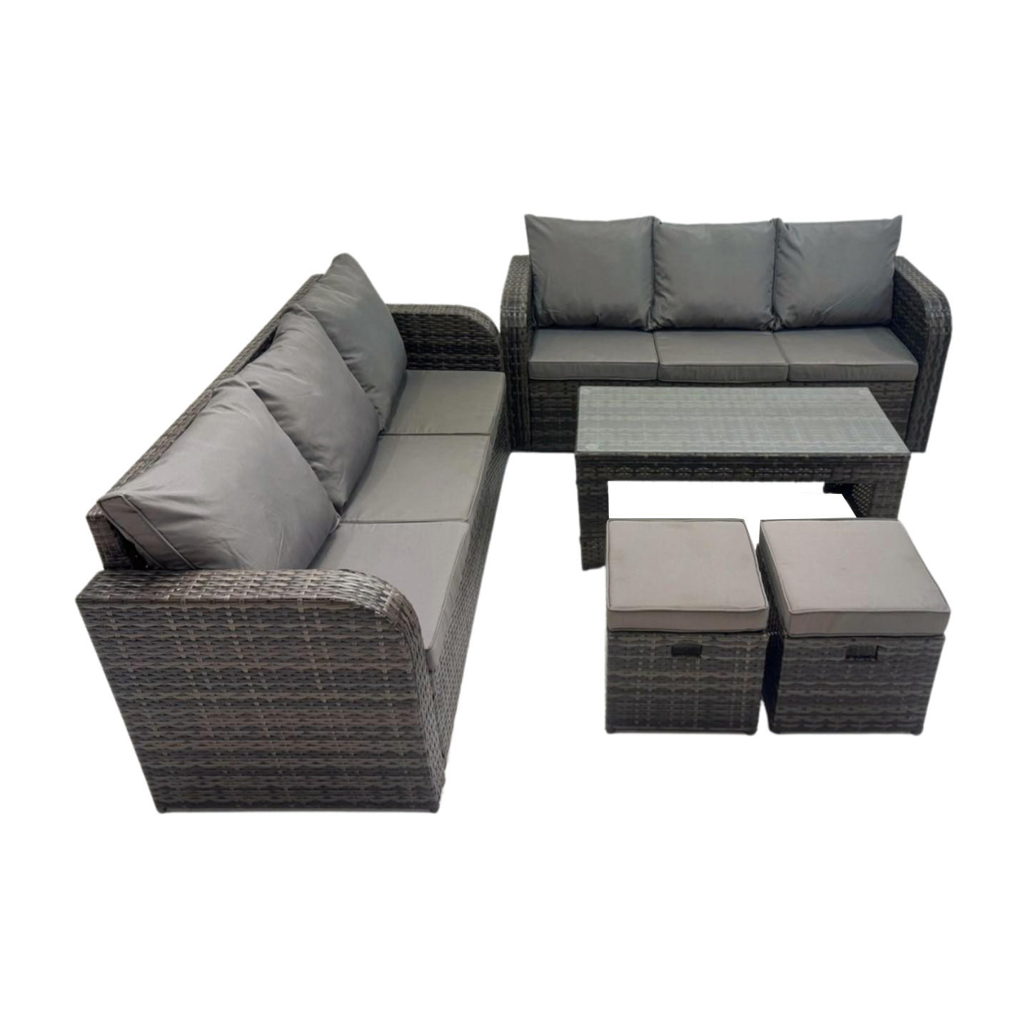 GARTENMÖBEL SET mit Sofa Polyrattan 8-Sitzer Dunkelgrau - Dunkelgrau/Grau, Glas/Kunststoff - Fimous