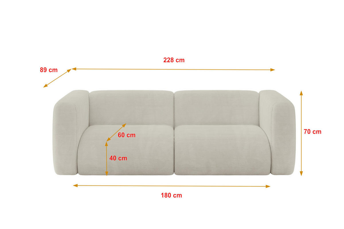 MODULARES Sofa 2-SITZER MIRA-S1 228x89x70 Creme cm Cord - Ecru/Creme, Holzwerkstoff/Kunststoff (228/70/89cm) - ALTDECOR