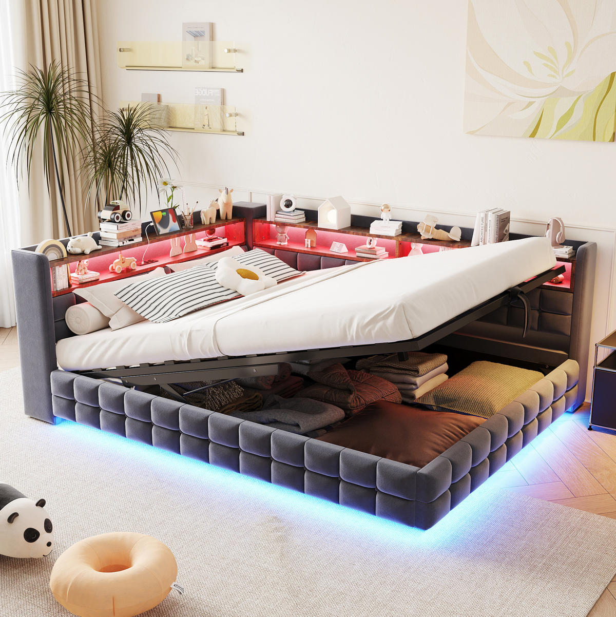 POLSTERBETT 140/200 cm mit LED-Beleuchtung, Steckdose, USB-, Typ-C-Anschluss und Bettkasten, Grau - Grau, Textil (140/200cm) - Redom