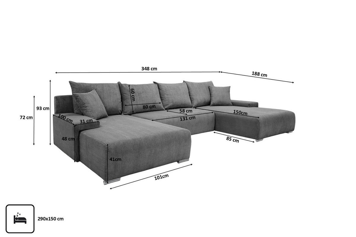 ECKSOFA U-Form Livorno Schlaffunktion Cord-Stoff Grau - Chromfarben/Schwarz, Holz/Kunststoff (348/93/188cm) - Kaiser Möbel